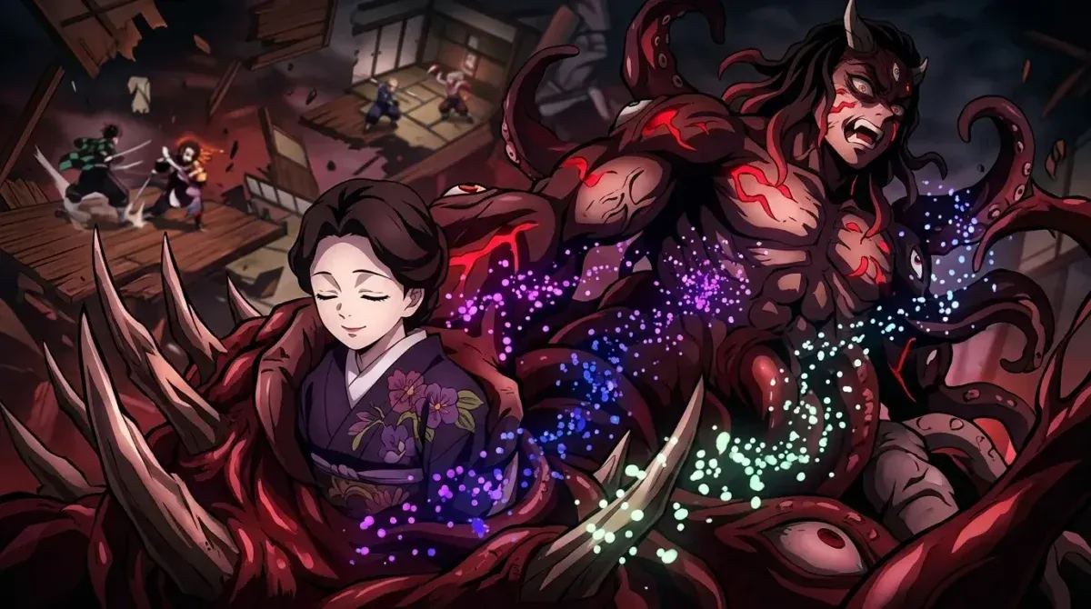 Tamayo sendo absorvida por Muzan durante batalha final em Demon Slayer Tamayo sendo absorvida por Muzan durante batalha final em Demon Slayer