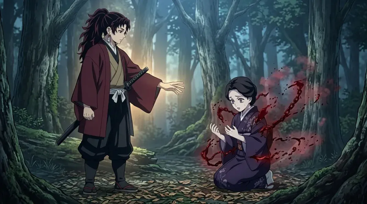 Yoriichi Tsugikuni libertando Tamayo do controle de Muzan em Demon Slayer