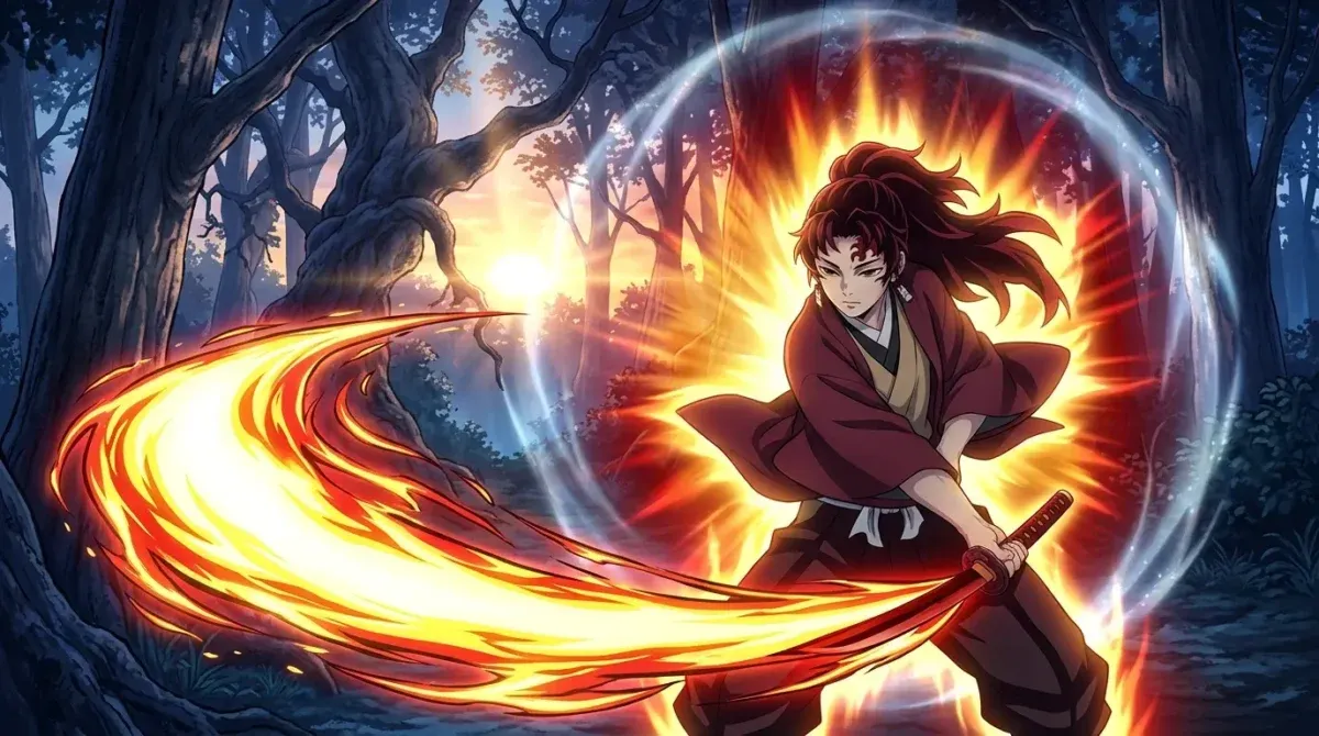 Yoriichi executando as formas da Respiração do Sol com halo de luz solar em Demon Slayer