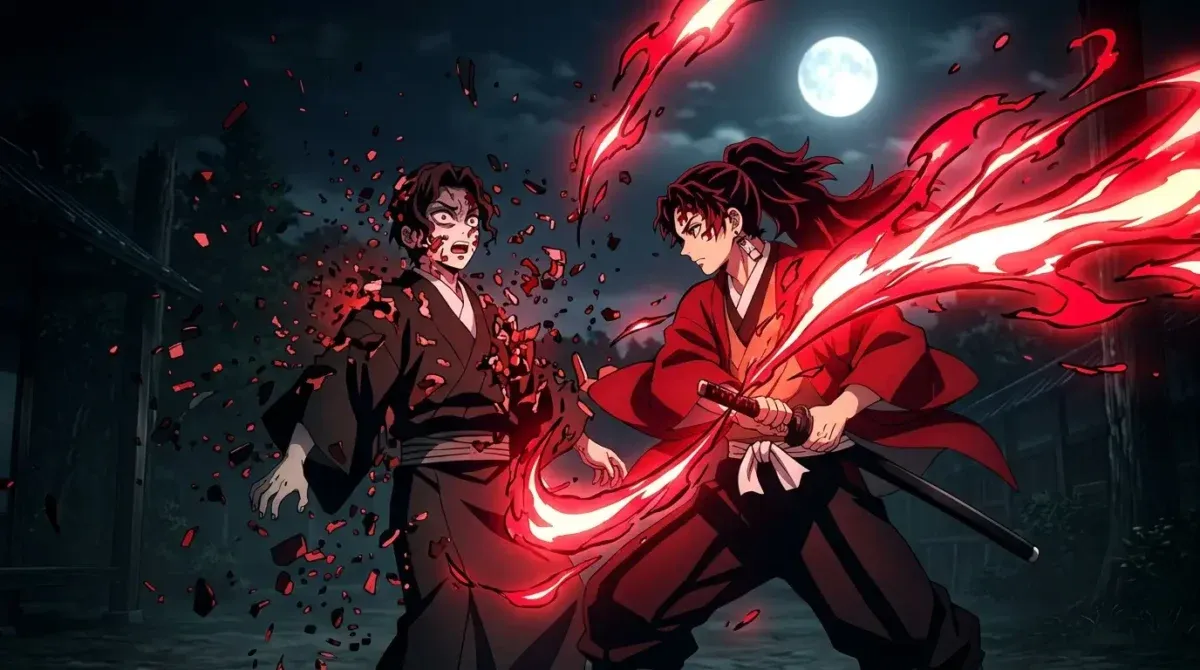 Yoriichi fragmentando Muzan em mil pedaços com a Respiração do Sol em Demon Slayer